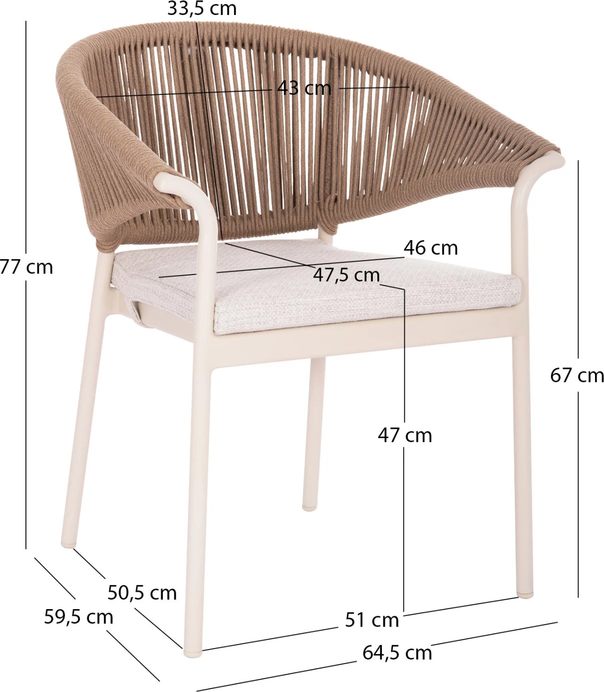 Karrige ngrënieje alumini, kornizë krem, litar natyral, jastëk, 64.5x60x78.5cm