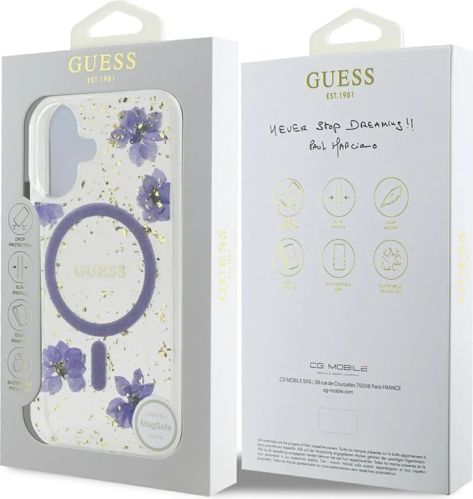 Mbështjellës Guess Resin Flowers Glitter MagSafe për iPhone 16, Vjollcë Mbështjellës Guess Resin Flowers Glitter MagSafe për iPhone 16, Vjollcë