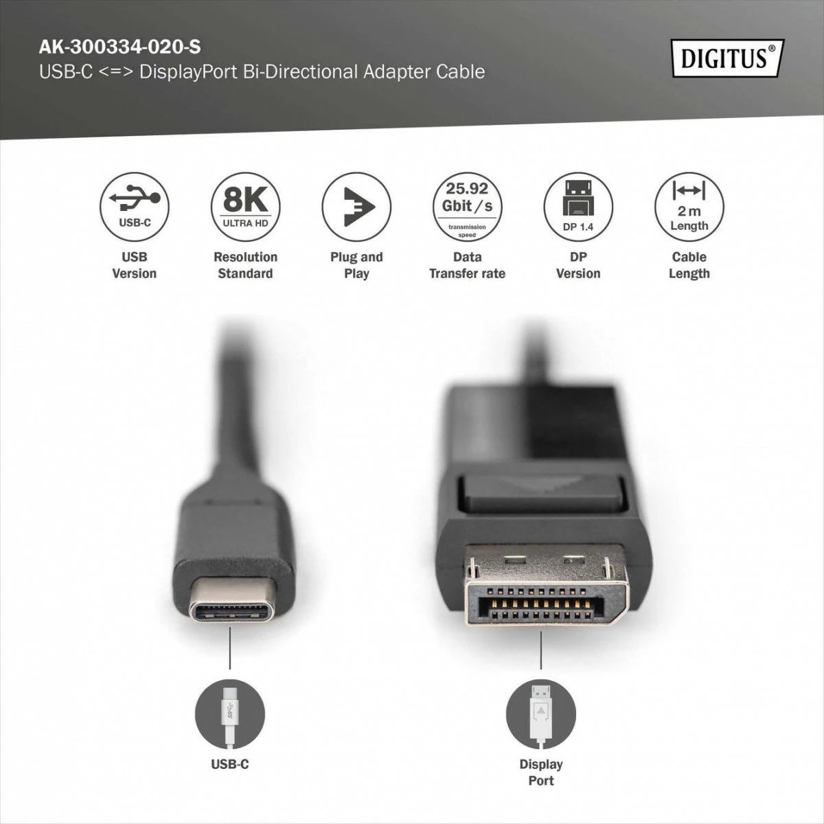 Kabllo/adaptues Digitus AK-300334-020-S, USB Type C në DisplayPort, 2m, E zezë