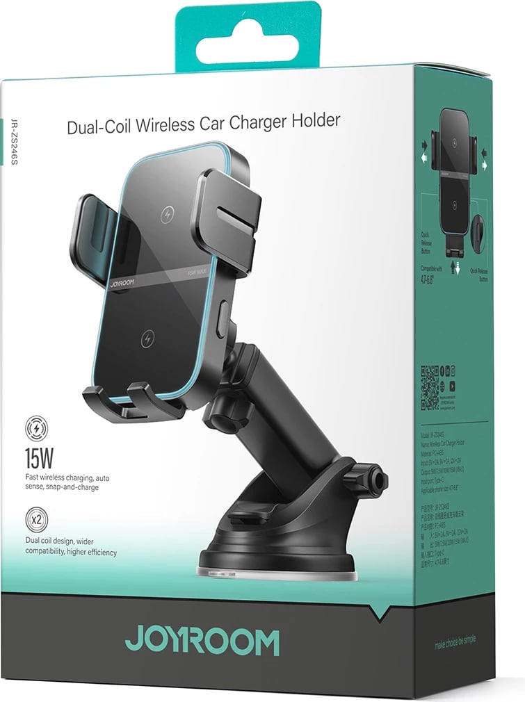 Mbajtës elektrik për celular Joyroom JR-ZS246 S me karikim wireless, për panel makine, i zi