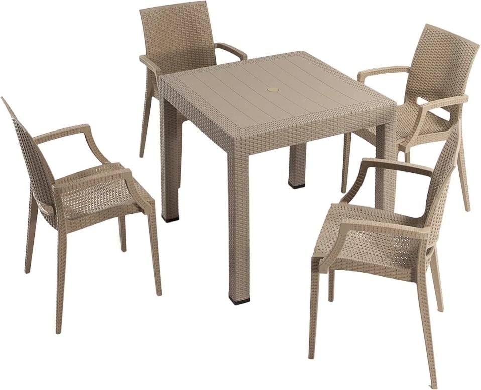 Tavolinë me karrige për terasë, 5 copë, Skye Decor, ratan, ngjyrë kapuçino, 80x80cm