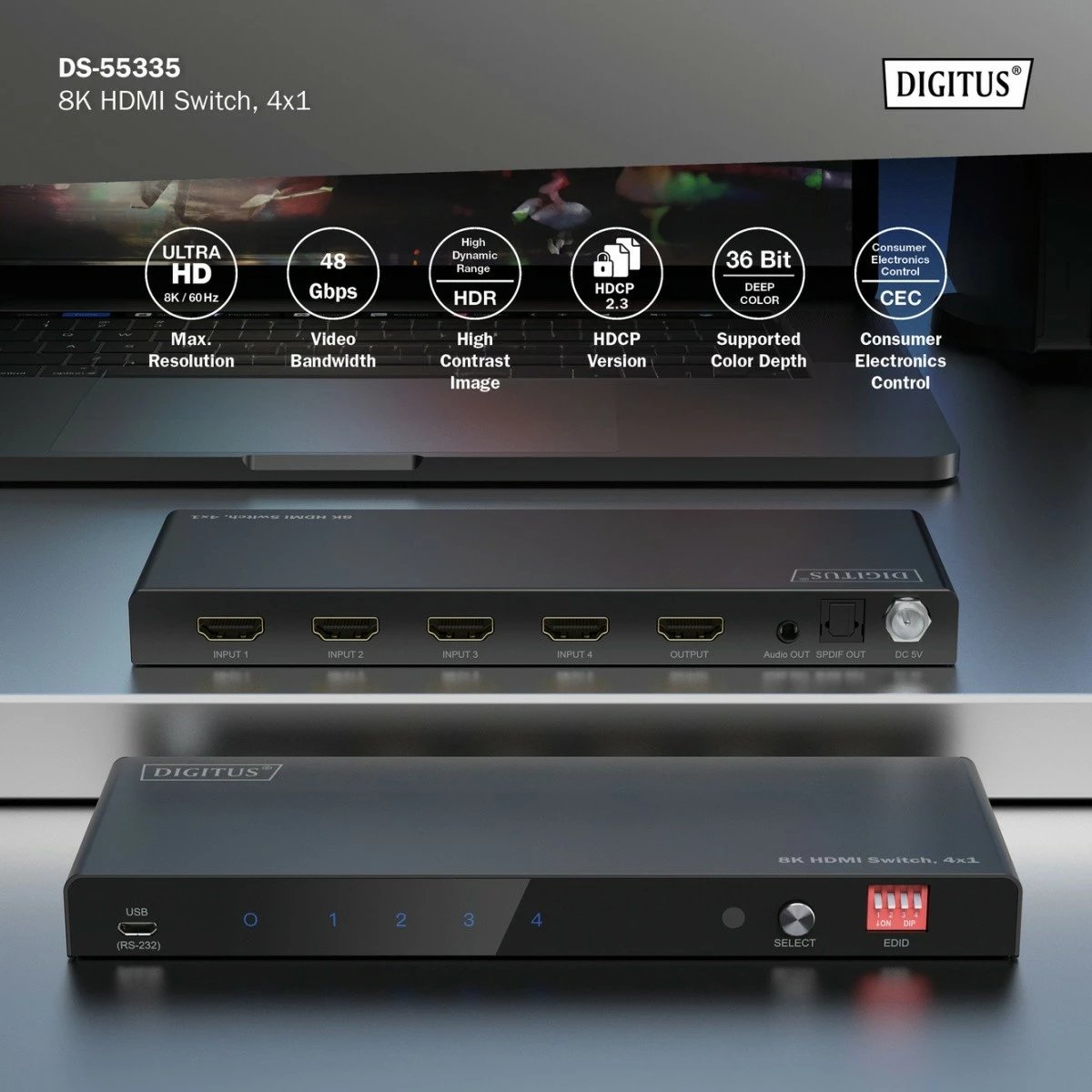 Switch HDMI Digitus DS-55335, 4x1, 8K/60Hz, me telekomandë, i zi