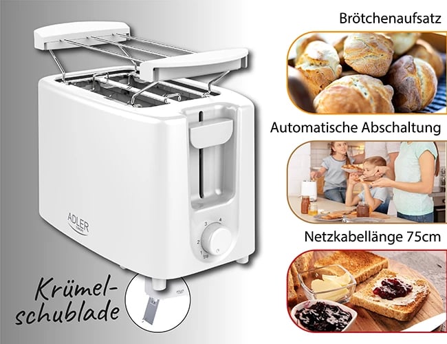 Toster Adler AD 3223, 2 feta, 650–900W, 6 nivele pjekjeje, sirtar thërrimesh, rack për kifle, e bardhë Toster Adler AD 3223, 2 feta, 650–900W, 6 nivele pjekjeje, sirtar thërrimesh, rack për kifle, e bardhë
