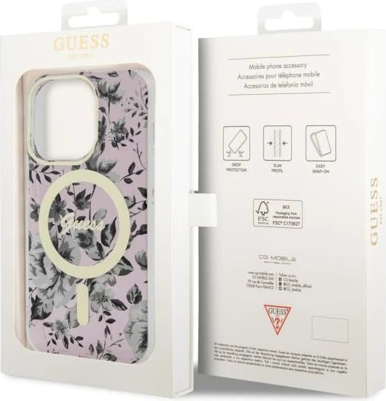Mbështjellës Guess GUHMP14XHCFWSP për iPhone 14 Pro Max 6.7", Flower MagSafe, rozë