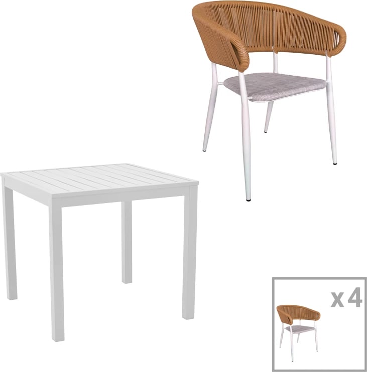 Tavolinë me karrige Kliton - Raven set 5 copë, alumin, ngjyrë e bardhë/natyrale, 80x80x74cm