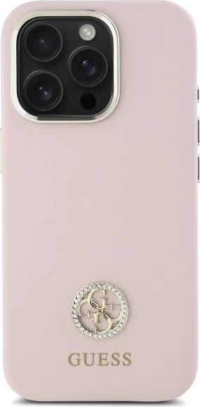 Mbështjellës Guess Silicone Logo Strass 4G për iPhone 16 Pro Max, rozë e çelët