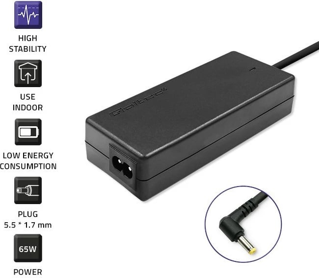 Adapter rryme për laptop Qoltec 65W, 19V, 3.42A, 5.5x1.7 mm, me kabllo, i zi