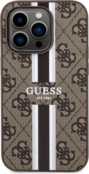 Mbështjellës Guess GUHMP14XP4RPSW për iPhone 14 Pro Max 6.7", 4G Printed Stripes MagSafe, kafe