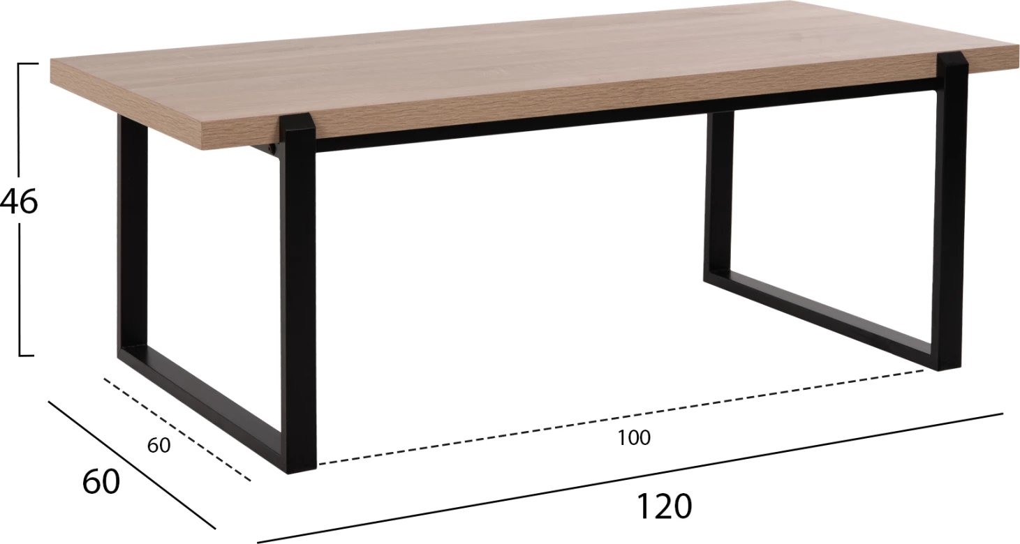 Tavolinë kafeje FH9585.03 MDF me sipërfaqe tavoline në ngjyrë sonoma dhe bazë metalike të zezë 120x60x46H cm Tavolinë kafeje FH9585.03 MDF me sipërfaqe tavoline në ngjyrë sonoma dhe bazë metalike të zezë 120x60x46H cm