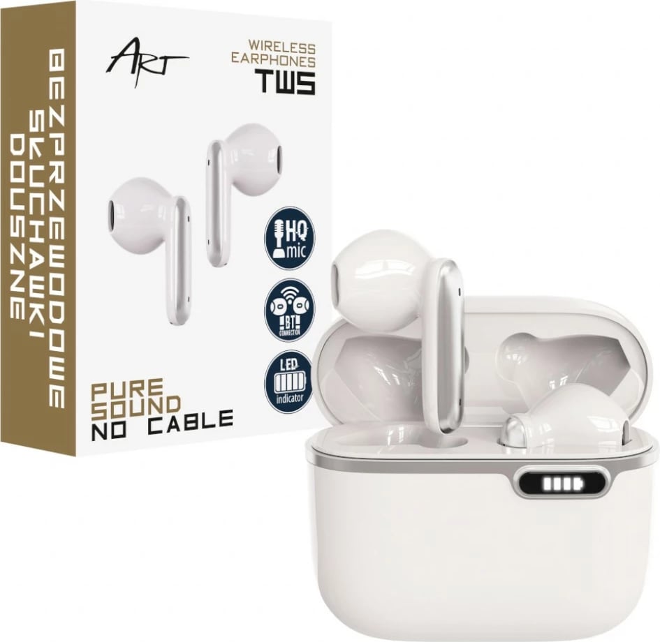 Kufje pa tela ART SLART AP-TW-B4W, TWS, mikrofon HQ, USB-C, Bardhë