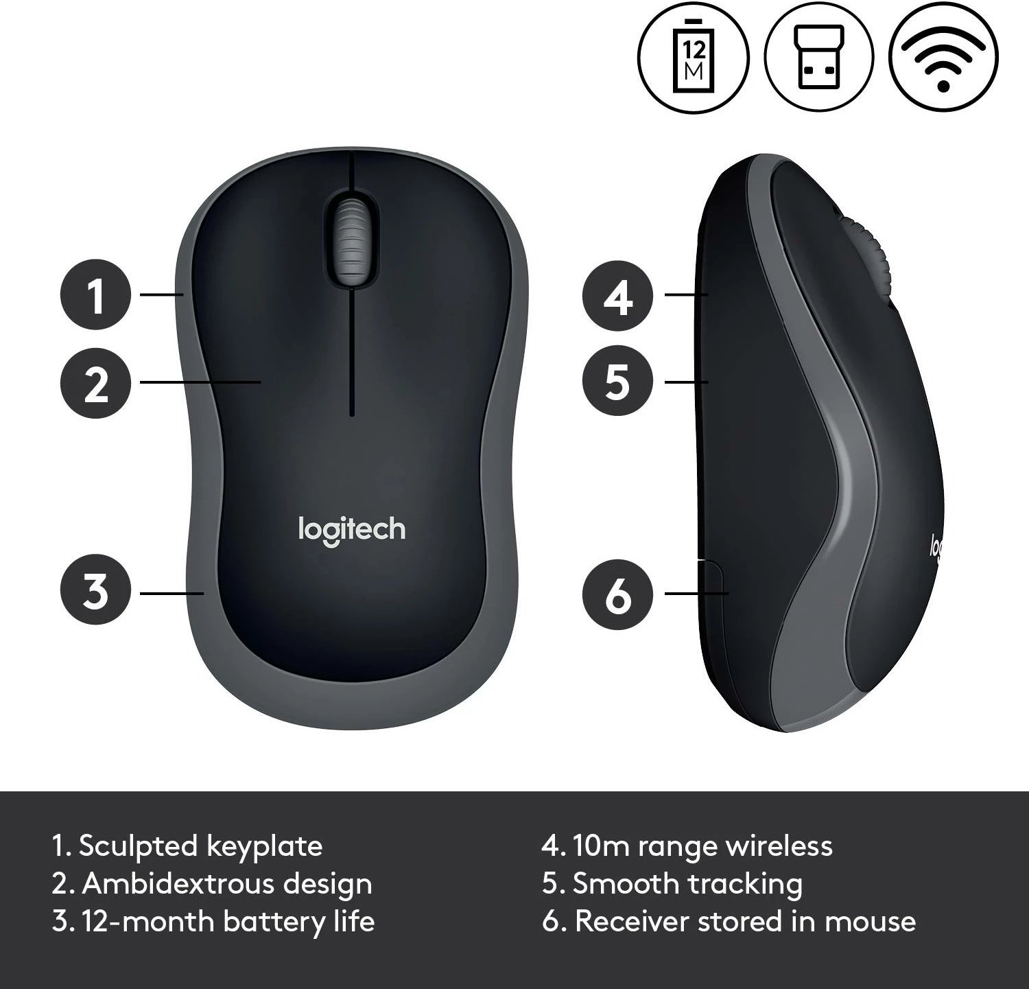 Maus Logitech M185 - Wireless, 2.4GHz, e zezë/gri