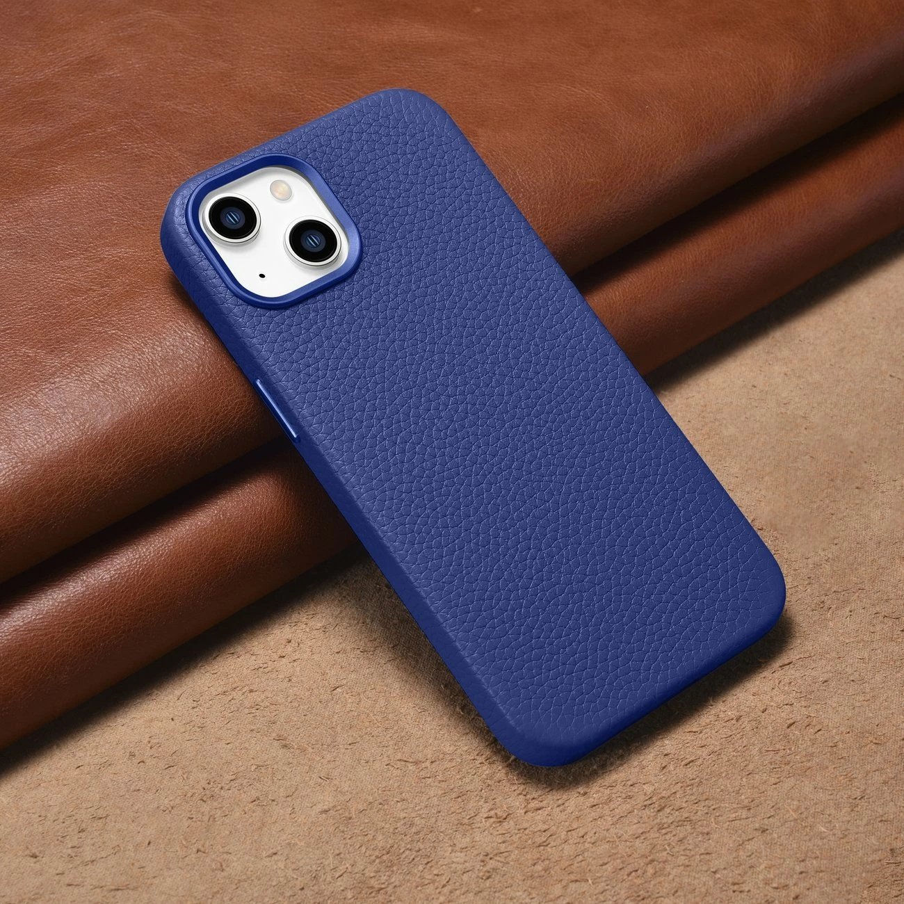 Mbështjellës iCarer Litchi Premium për iPhone 14 me MagSafe, Lëkurë, Blu e errët