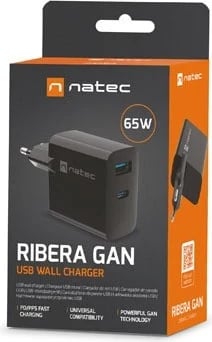 Karikues Natec Ribera GaN 65W me USB-A dhe USB-C, ngjyrë e zezë