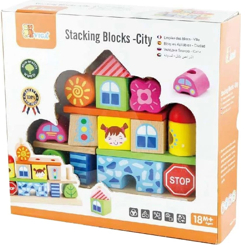 Blloqe druri ndërtimi, Viga City, me kunja, dru fagu, 230x195x60 mm, për 18+ muaj, multicolor