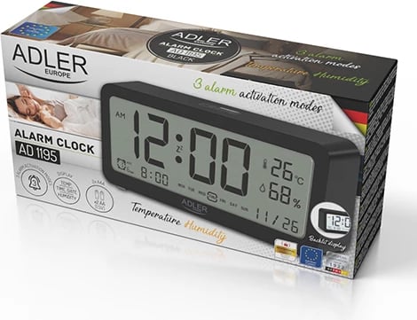 orë alarmi Adler AD 1195, ekran me ndriçim, 3 alarme, termometër dhe higrometër, me bateri, e zezë orë alarmi Adler AD 1195, ekran me ndriçim, 3 alarme, termometër dhe higrometër, me bateri, e zezë