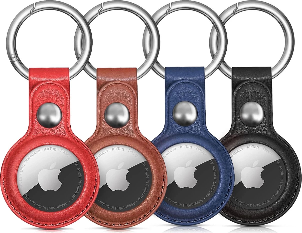 Mbështjellës Hurtel për Apple AirTag, PU lëkurë, 4 copë, e zezë, kafe, e kuqe, blu