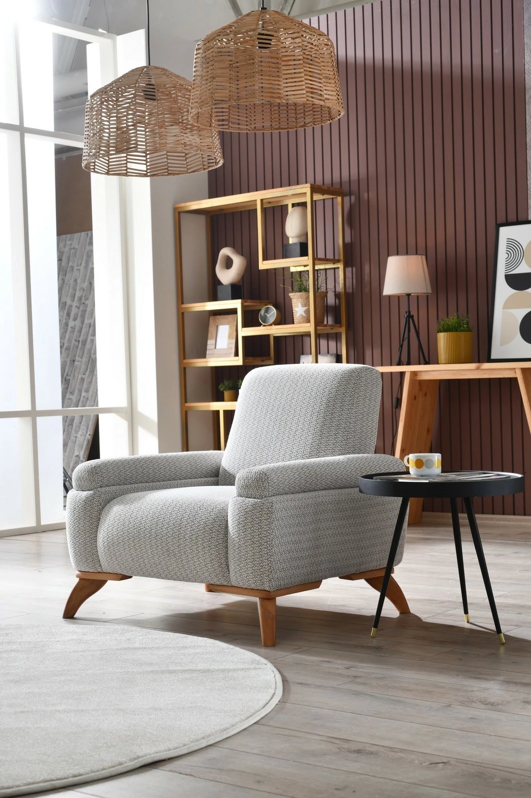 Karrige një vendëshe Zena, kadife, ngjyrë gri dhe kafe