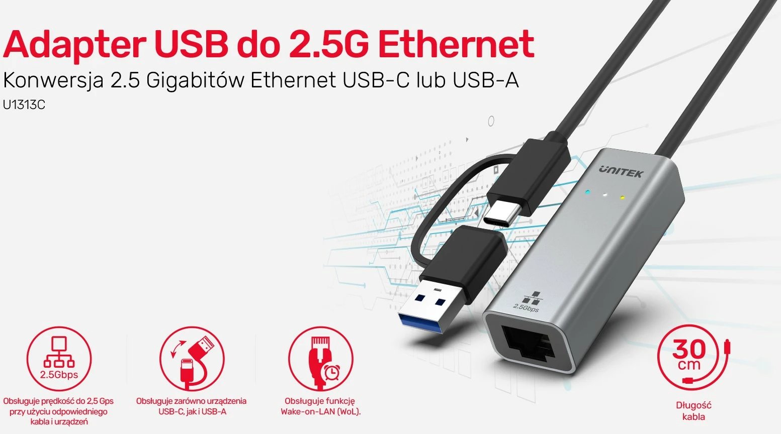 Adapter LAN Unitek U1313C, USB-A/C në RJ45, 2.5 Gbps, Gri/Argjend