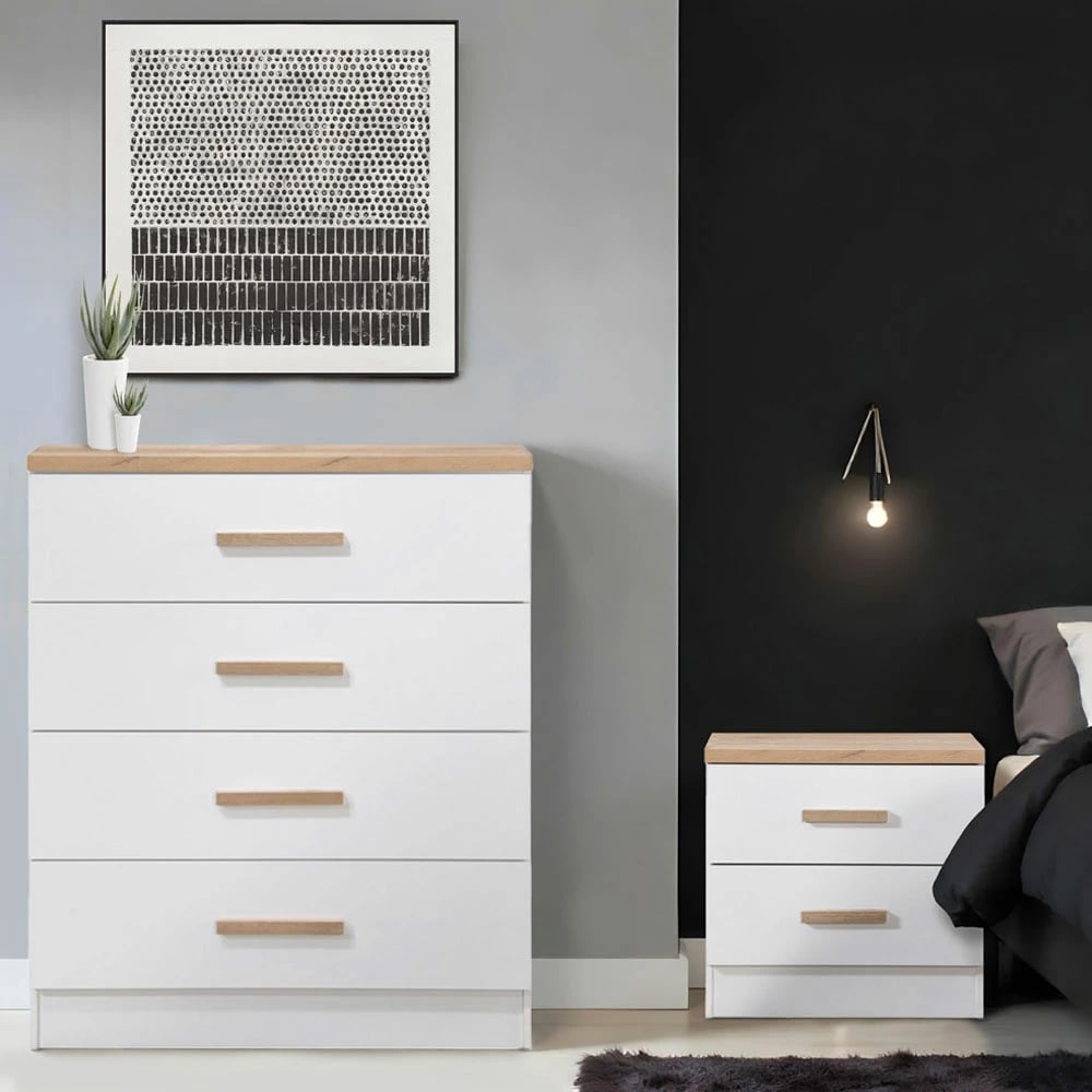 Komodë me 4 sirtarë, ngjyrë natyrale dhe e bardhë, 80x40x99