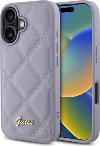 Mbështjellës Guess Quilted Metal Logo për iPhone 16, vjollcë e çelët