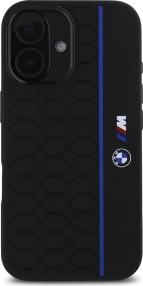 Mbështjellës BMW Silicone Hexagon Blue Line MagSafe për iPhone 16, Zi