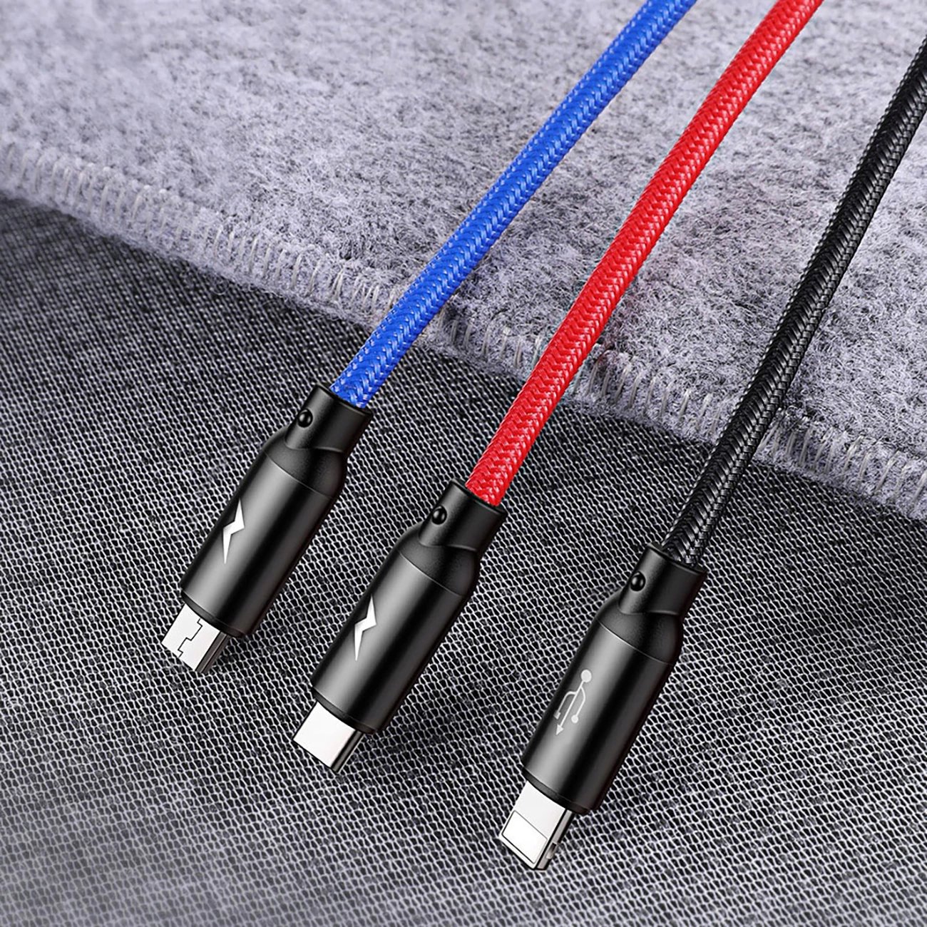 Kabllo 3-në-1 Baseus Three Primary Colors CAMLT-BSY01, 1.2m, USB-A në micro USB/Lightning/USB-C, e zezë/kuqe/kaltër Kabllo 3-në-1 Baseus Three Primary Colors CAMLT-BSY01, 1.2m, USB-A në micro USB/Lightning/USB-C, e zezë/kuqe/kaltër