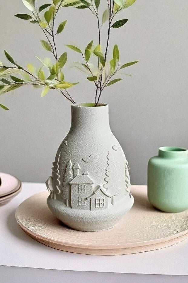 Vazo dekorative Evila Originals, motiv 'Winter Village', e bardhë, 20cm