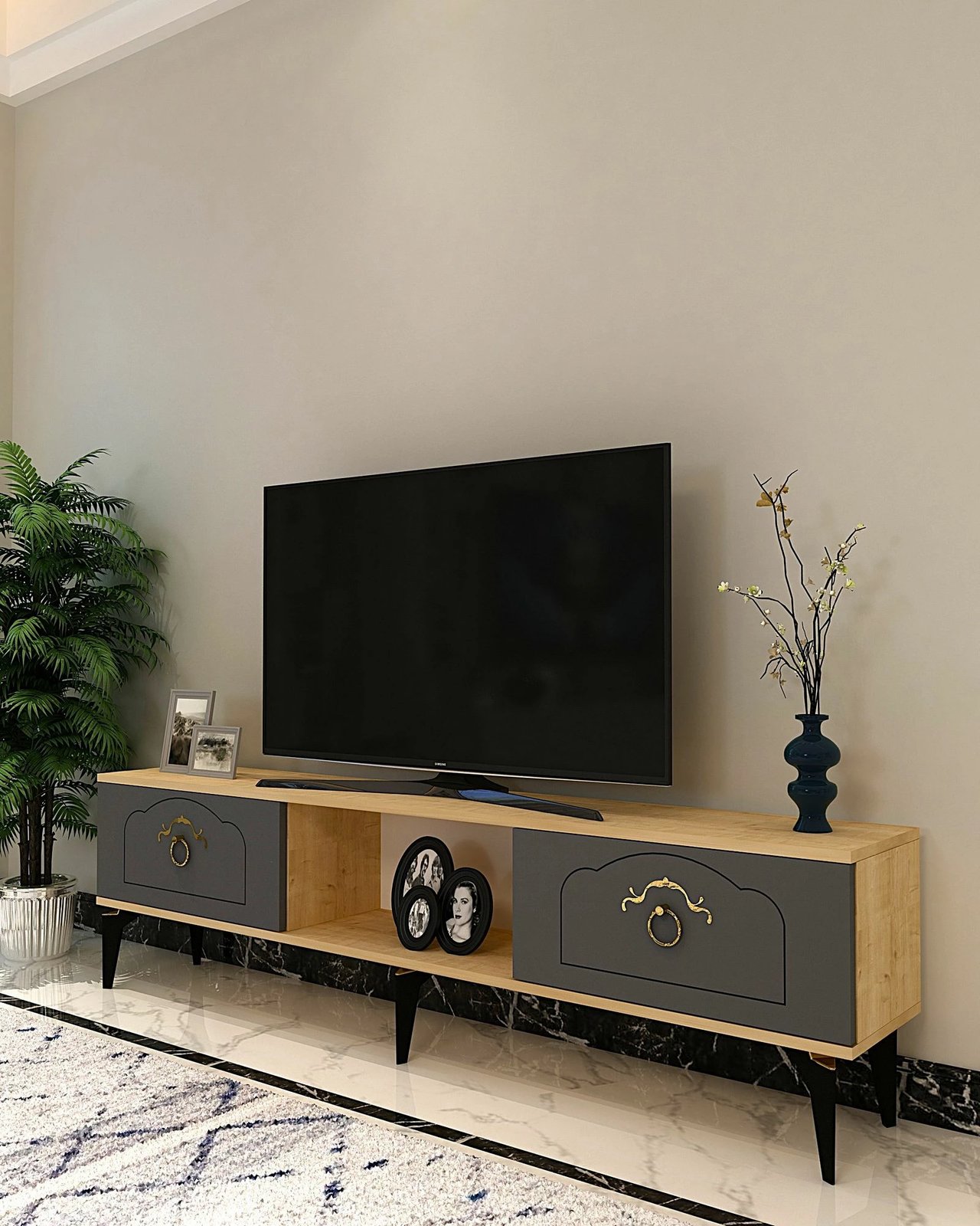 Komodë TV Skye Decor, ngjyrë lis safir dhe antracit