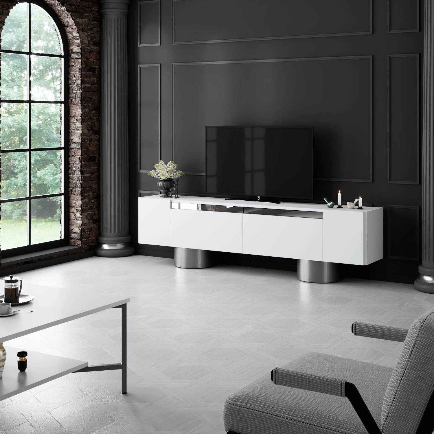 Komodë TV Hanah Home, Bohem, e bardhë dhe argjendtë