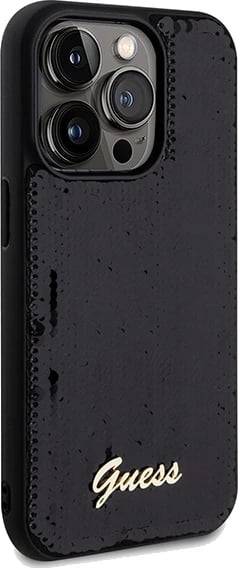 Mbështjellës Guess Sequin Script Metal për iPhone 14 Pro Max, i zi