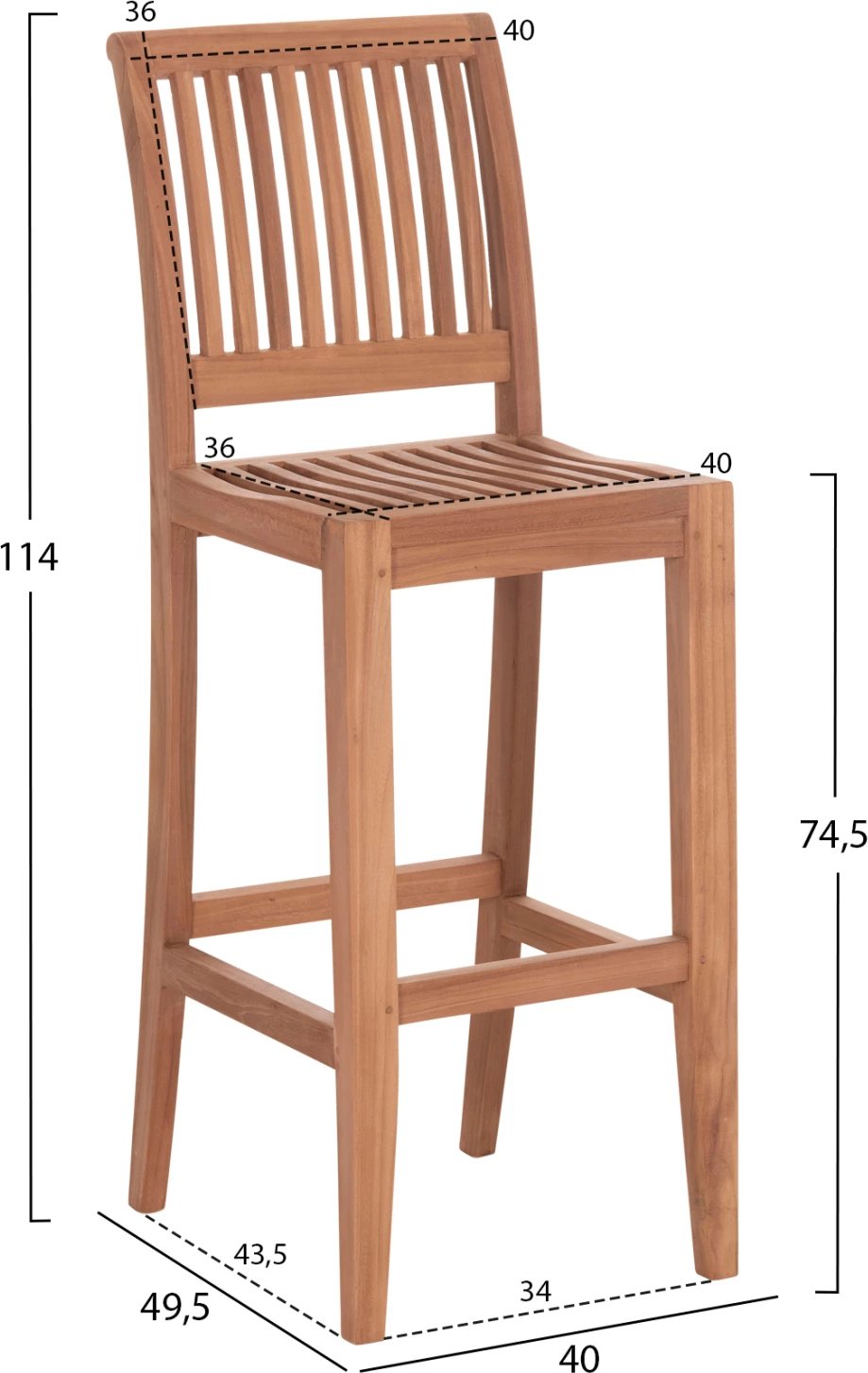 Karrige për bar me shpinore PAIPER, dru tik natyral, 40x49.5x114cm