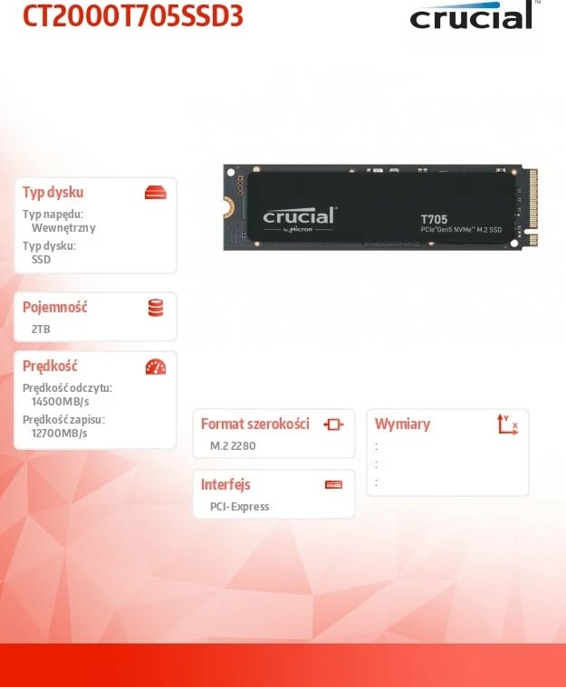 SSD Crucial T705, 2TB, M.2 NVMe, PCIe 5.0, Shpejtësi 14500/12700 MB/s