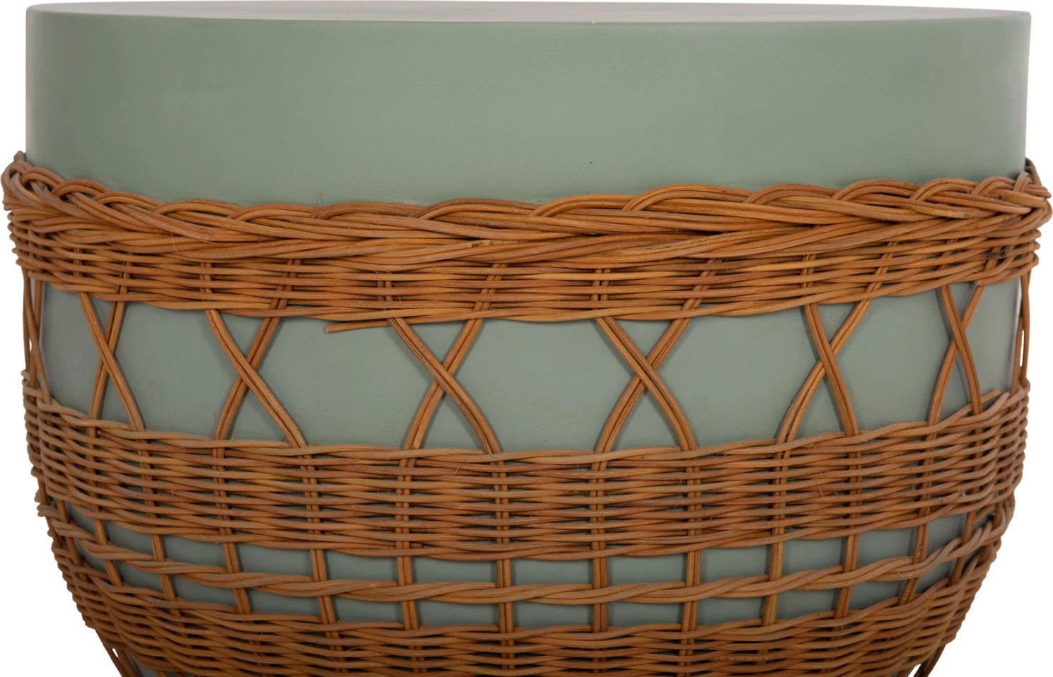 Tavolinë kafeje rrethore VILHENA, fibër-cement, ngjyrë e gjelbër, ratan natyral, FH18165, 56x47cm