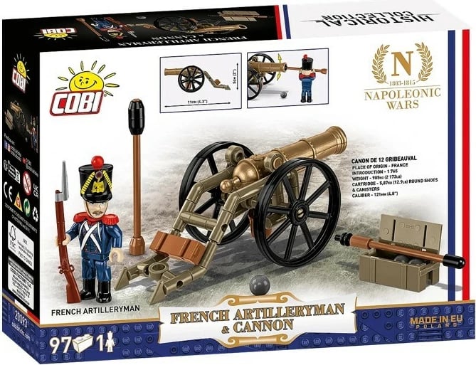 Set blloqe ndërtimi, Cobi Klocki, COBI-20093, 97 elemente, figurë artilerist francez dhe top Gribeauval 12 lb, Napoleonic Wars, set