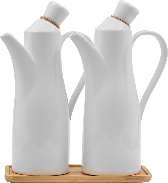 Set kavanozash për vaj, porcelan i bardhë, bambu natyral, 21x11x25cm