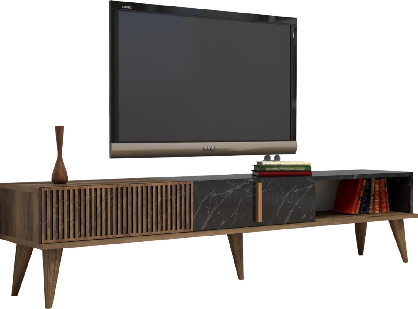 Mbajtës TV, FH9512.02, melaminë, ngjyrë arre dhe mermer i zi, 180x35x40Hcm