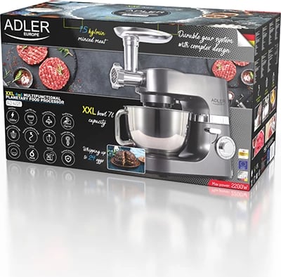 Robot kuzhine planetar, Adler, AD 4221, 7L, 2200W, 6 shpejtësi, mulli mishi 1.5 kg/min, çelik