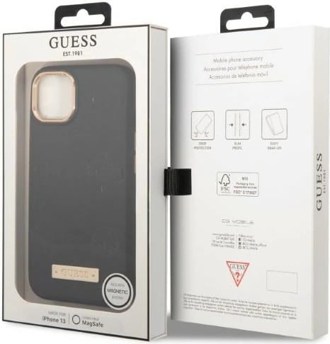 Mbështjellës Guess Peony Logo Plate për iPhone 13 6.1", MagSafe, i zi