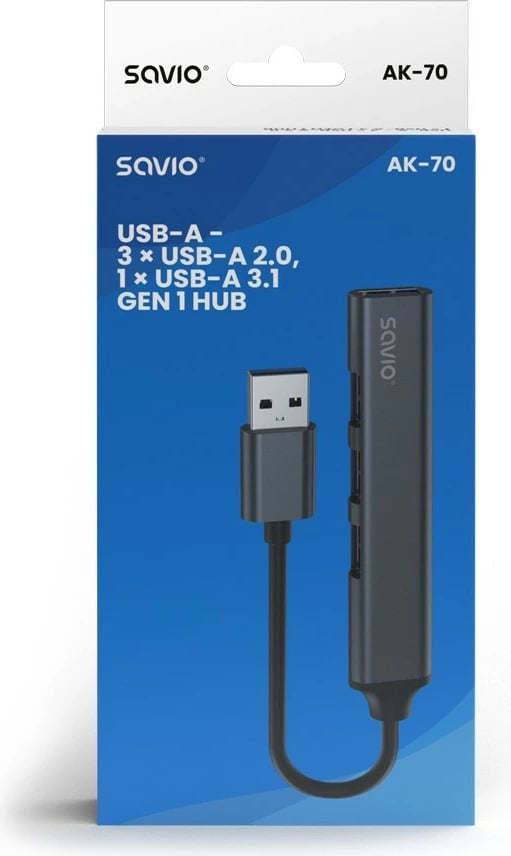 Hub USB-A 4 porta Savio AK-70, 3x USB-A 2.0, 1x USB-A 3.1 Gen 1, 5 Gbps, Alumini, Gri