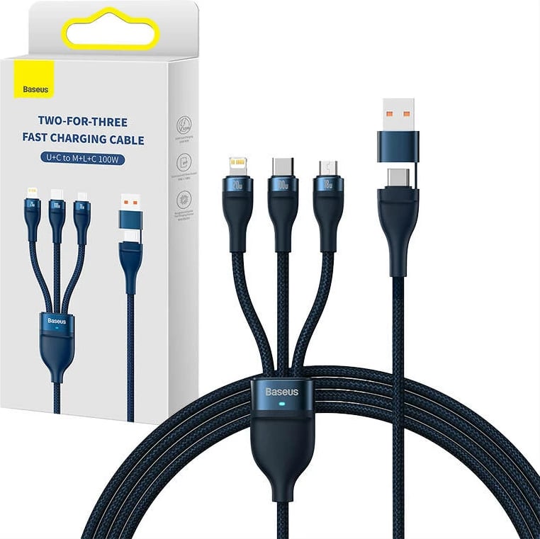 Kabllo 3-në-1 Baseus Flash Series 2, 1.2m, 100W, USB-C + micro USB + Lightning, blu