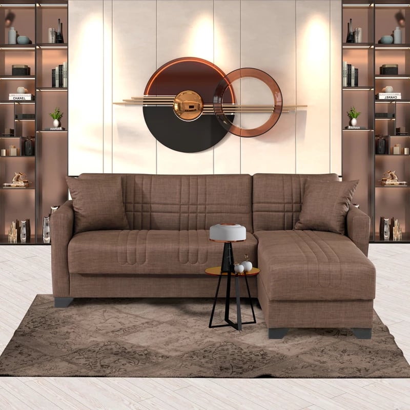 Këndore divan-krevat Stashio, material stof, ngjyrë kafe, këmbë të zeza, 202x143x84cm