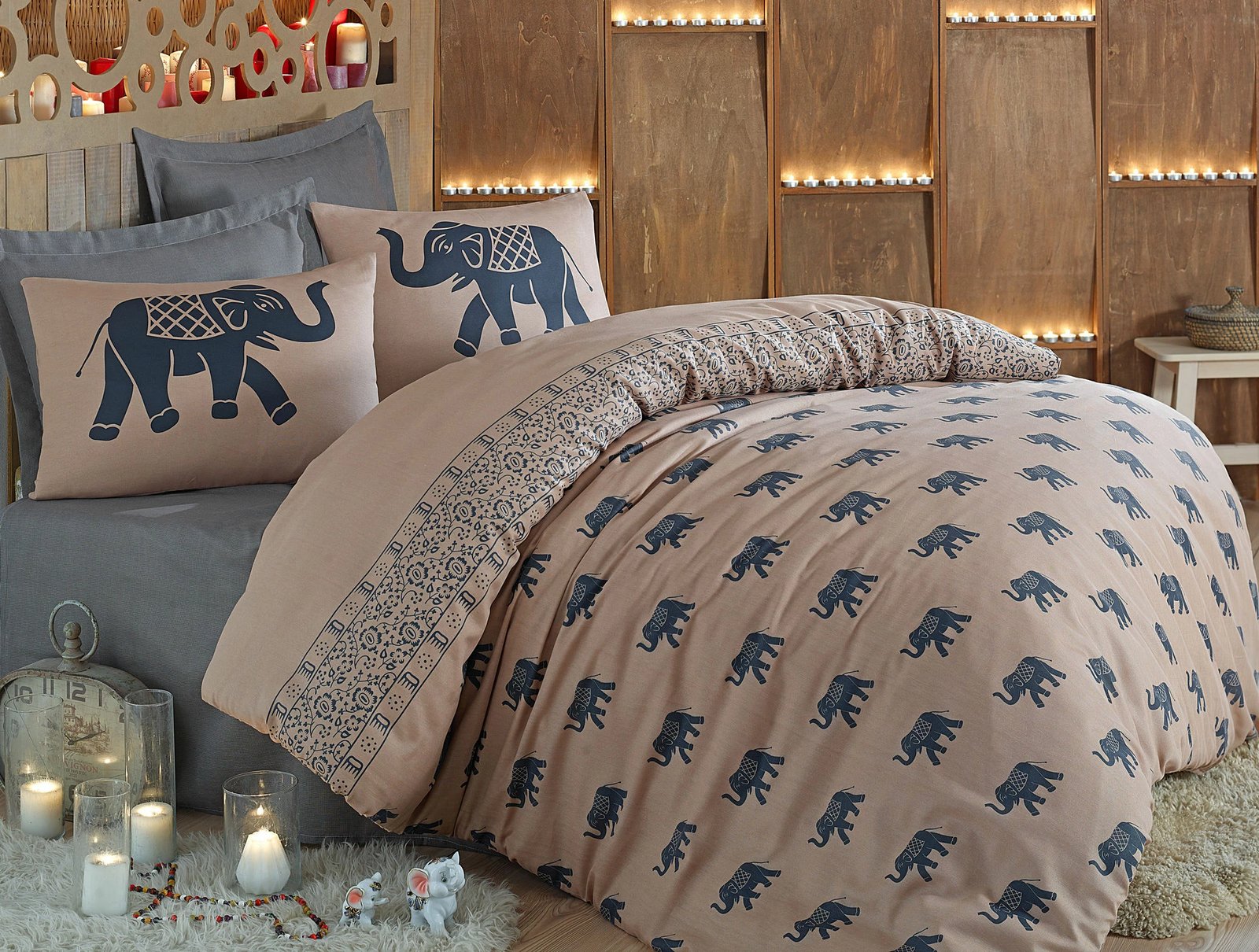 Set mbulesë për jorgan king size, L'essentiel, ngjyrë blu-bezhë, me elefantë Set mbulesë për jorgan king size, L'essentiel, ngjyrë blu-bezhë, me elefantë
