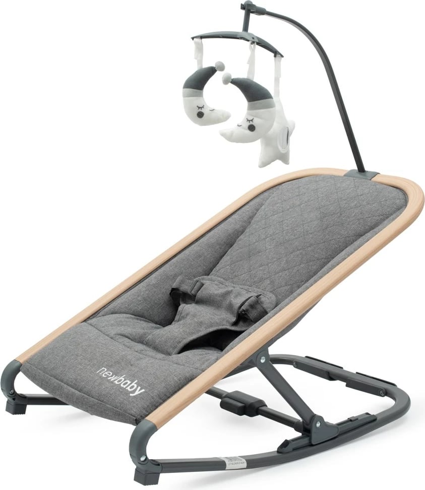 Karrige lëkundëse për bebe, New Baby, Snuggle, me shirit lodrash 3 copa, mbështetëse e rregullueshme, deri 9 kg, gri
