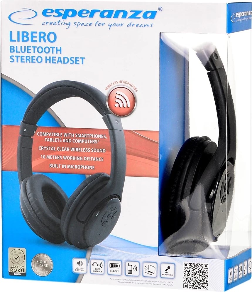Kufje wireless Esperanza Libero EH163K, head-band, Bluetooth, 10 orë, e zezë