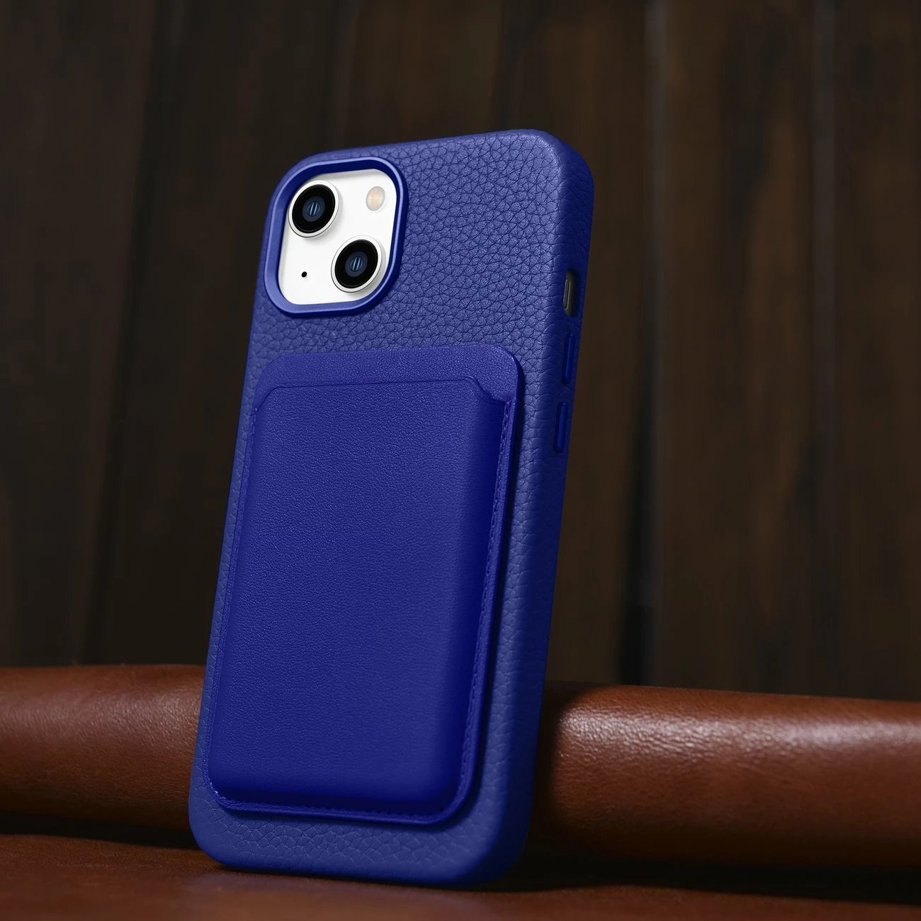Mbështjellës iCarer Litchi Premium për iPhone 14 me MagSafe, Lëkurë, Blu e errët