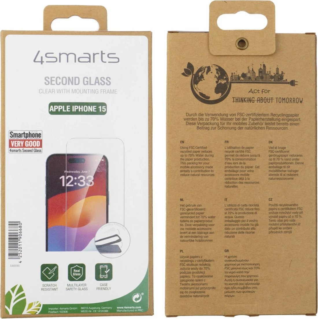 Mbrojtës ekrani 4smarts iPhone 15, xham i kalitur, transparent