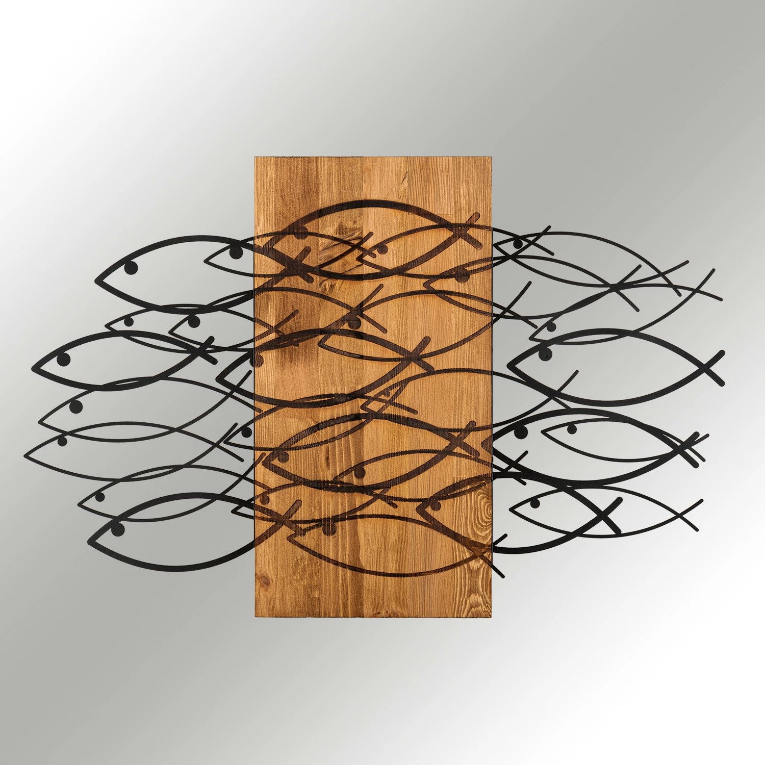 Aksesor dekorativ muri prej druri dhe metali, peshq, ngjyrë e zezë dhe arre, 87x58cm