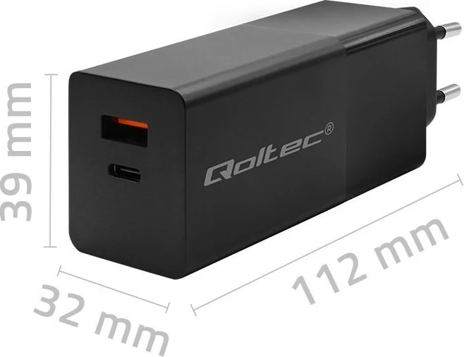 Karikues mur Qoltec GaN Power Pro 52382, 100W, 1x USB-C, 1x USB-A, i zi