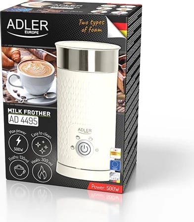 Shkumues qumështi, Adler AD 4495, 4 funksione cappuccino/latte/ngrohje/shkumë e ftohtë, 300 ml qumësht i nxehtë 130 ml shkumë, 500W, bezhë