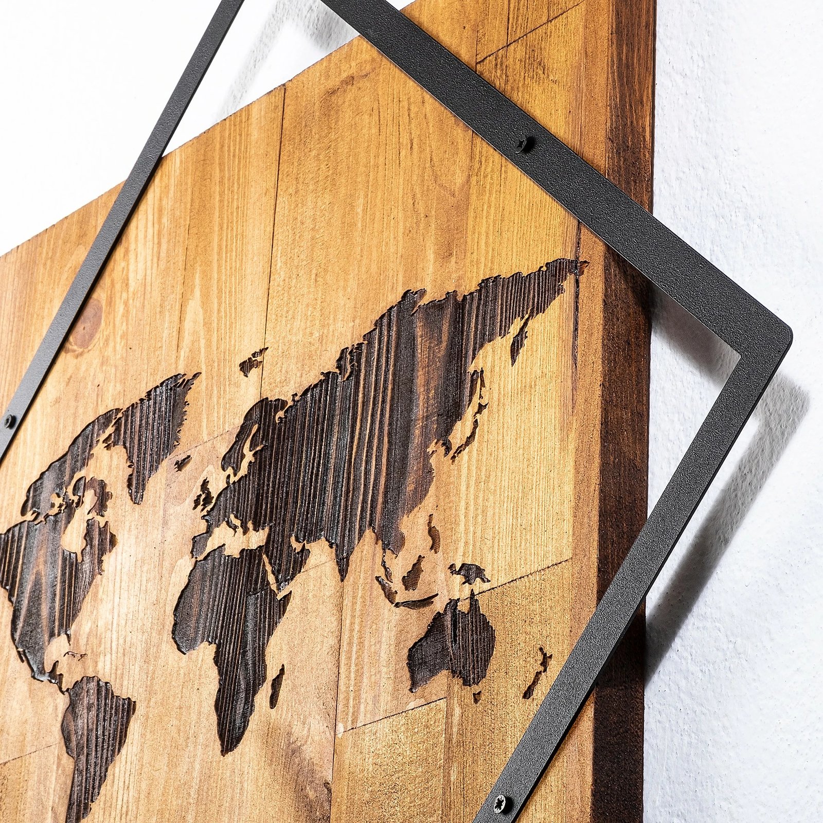 Aksesor dekorativ prej druri për mur, Wallity, World 2, ngjyrë arre dhe e zezë, 54x54cm